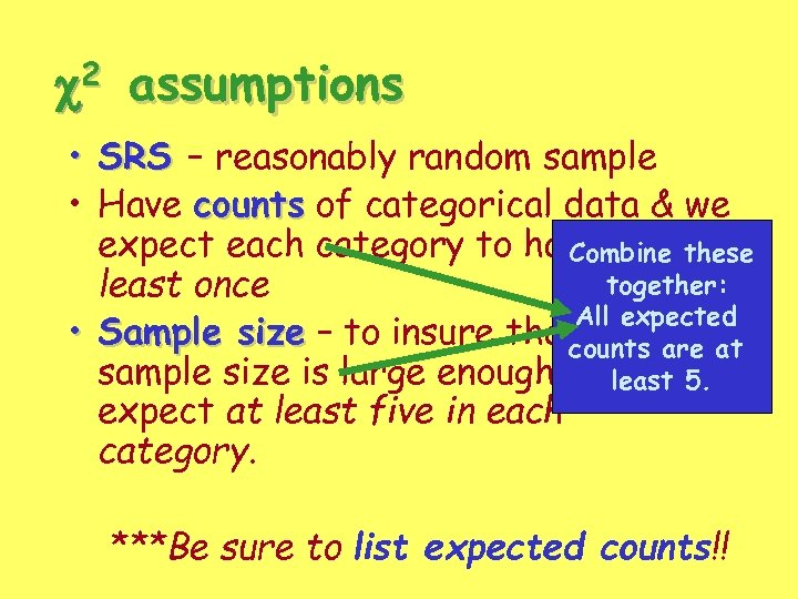 c 2 assumptions • SRS – reasonably random sample • Have counts of categorical