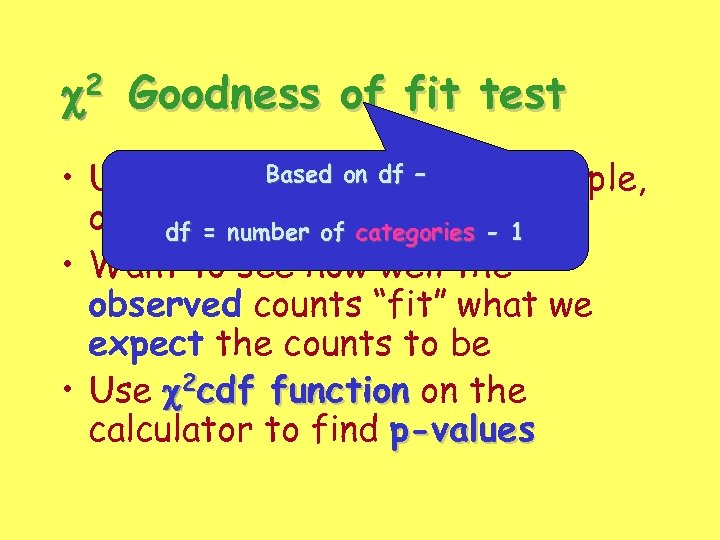 2 c Goodness of fit test Based data • Uses univariateon df – (one