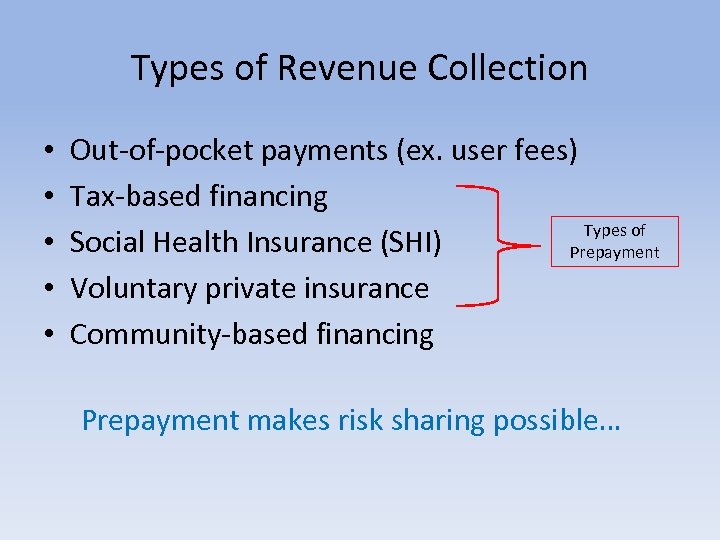 Types of Revenue Collection • • • Out-of-pocket payments (ex. user fees) Tax-based financing