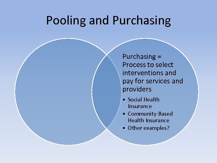 Pooling and Purchasing = Process to select interventions and pay for services and providers