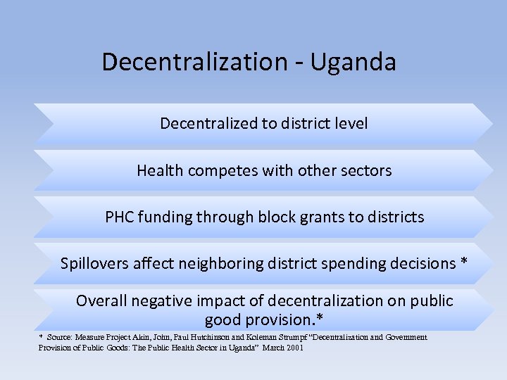 Decentralization - Uganda Decentralized to district level Health competes with other sectors PHC funding