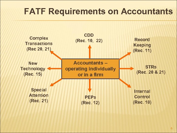 FATF Requirements on Accountants Complex Transactions (Rec 20, 21) New Technology (Rec. 15) Special