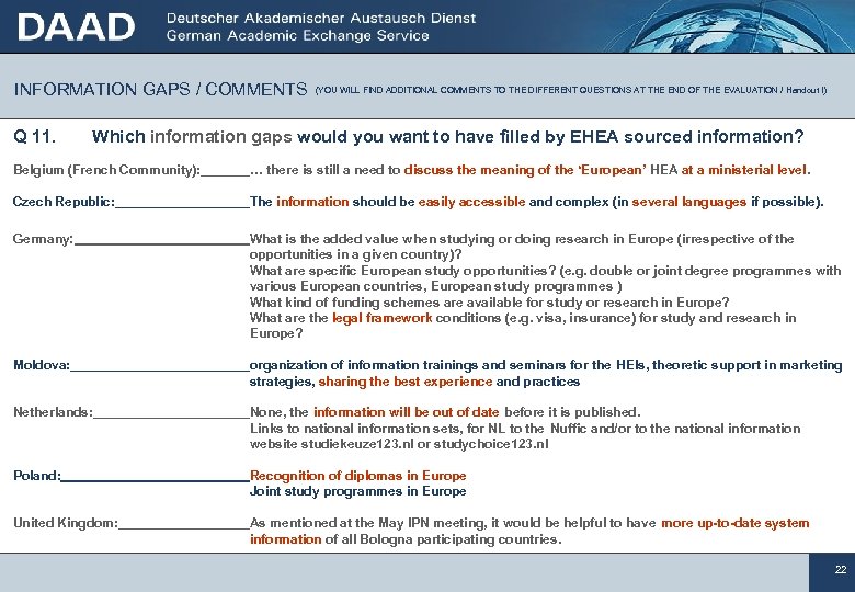 INFORMATION GAPS / COMMENTS Q 11. (YOU WILL FIND ADDITIONAL COMMENTS TO THE DIFFERENT