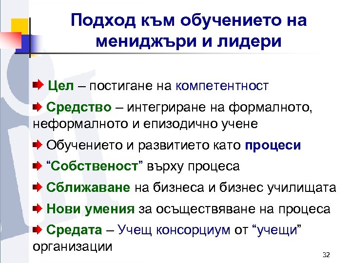 Подход към обучението на мениджъри и лидери Цел – постигане на компетентност Средство –
