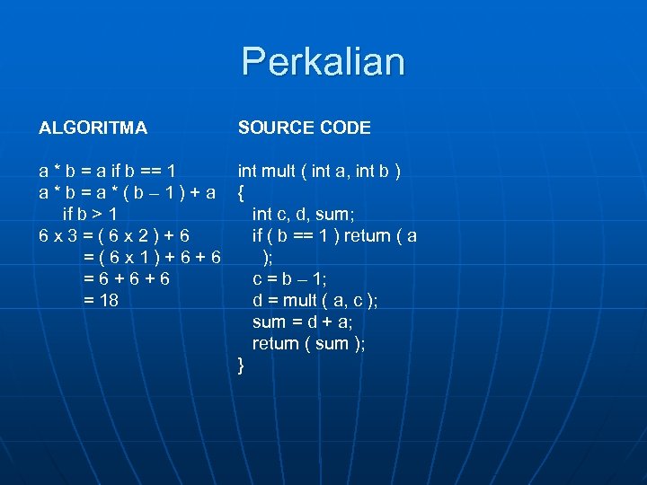 Perkalian ALGORITMA SOURCE CODE a * b = a if b == 1 int