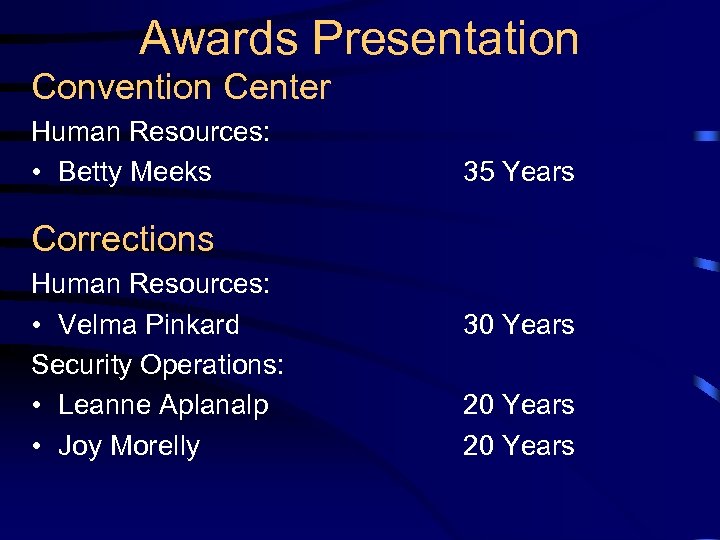 Awards Presentation Convention Center Human Resources: • Betty Meeks 35 Years Corrections Human Resources: