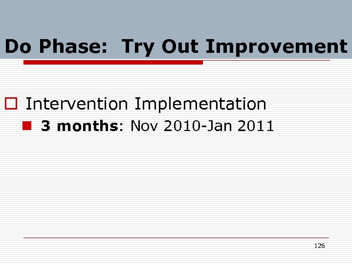 Do Phase: Try Out Improvement o Intervention Implementation n 3 months: Nov 2010 -Jan