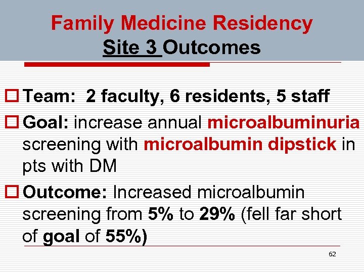 Family Medicine Residency Site 3 Outcomes o Team: 2 faculty, 6 residents, 5 staff
