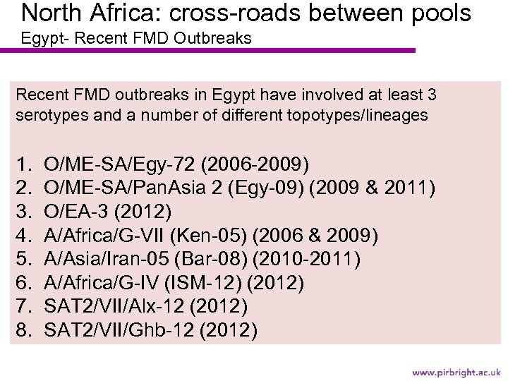 North Africa: cross-roads between pools Egypt- Recent FMD Outbreaks Recent FMD outbreaks in Egypt
