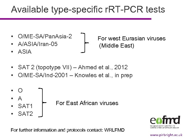 Available type-specific r. RT-PCR tests • O/ME-SA/Pan. Asia-2 • A/ASIA/Iran-05 • ASIA For west