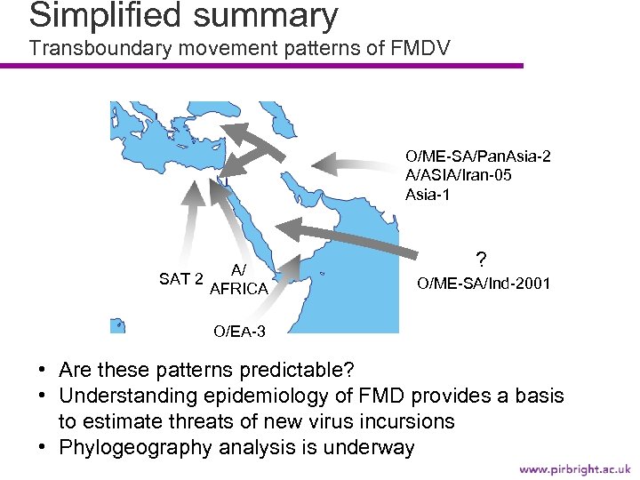 Simplified summary Transboundary movement patterns of FMDV O/ME-SA/Pan. Asia-2 A/ASIA/Iran-05 Asia-1 A/ SAT 2