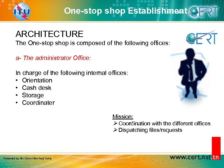 One-stop shop Establishment ARCHITECTURE The One-stop shop is composed of the following offices: a-