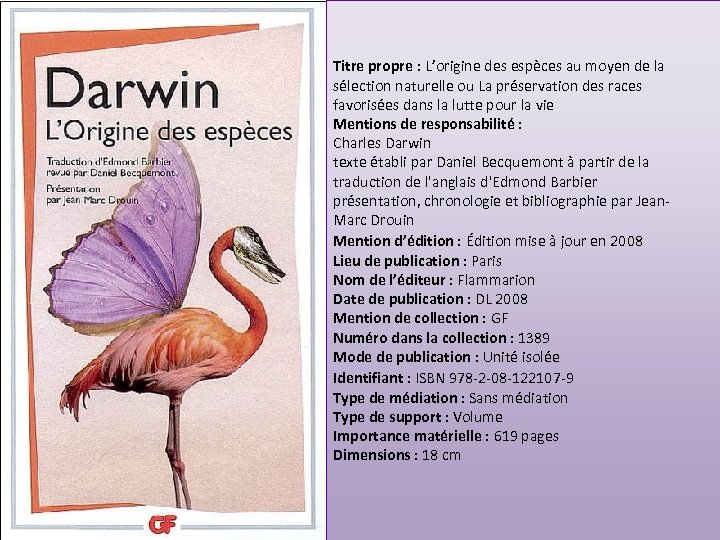 Titre propre : L’origine des espèces au moyen de la sélection naturelle ou La