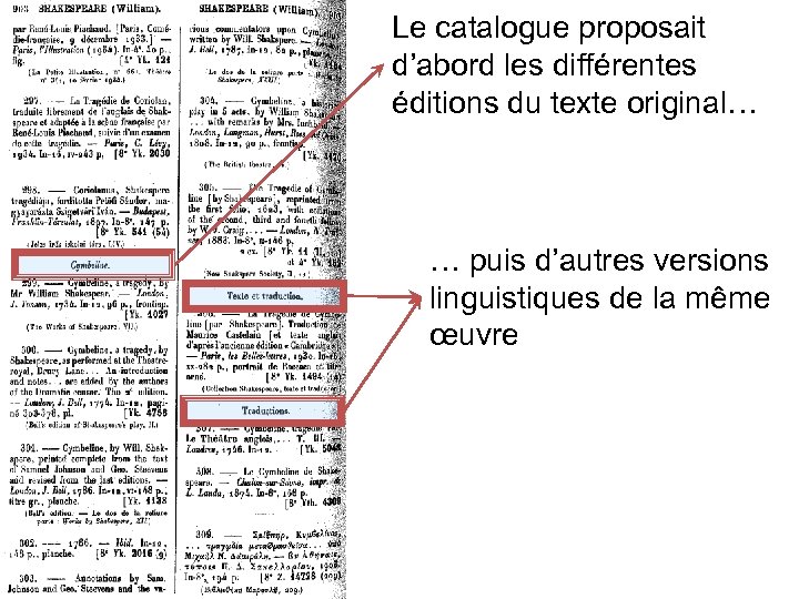 Le catalogue proposait d’abord les différentes éditions du texte original… … puis d’autres versions