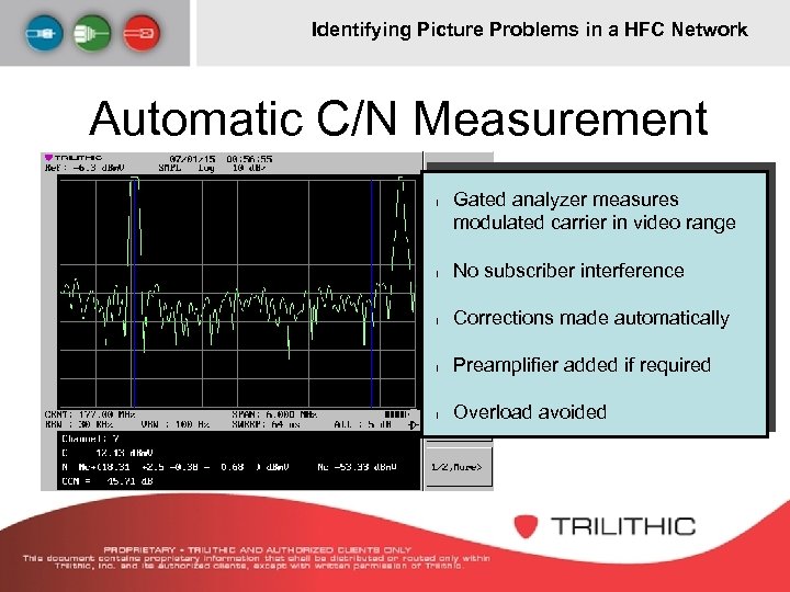 Identifying Picture Problems in a HFC Network Automatic C/N Measurement l Gated analyzer measures