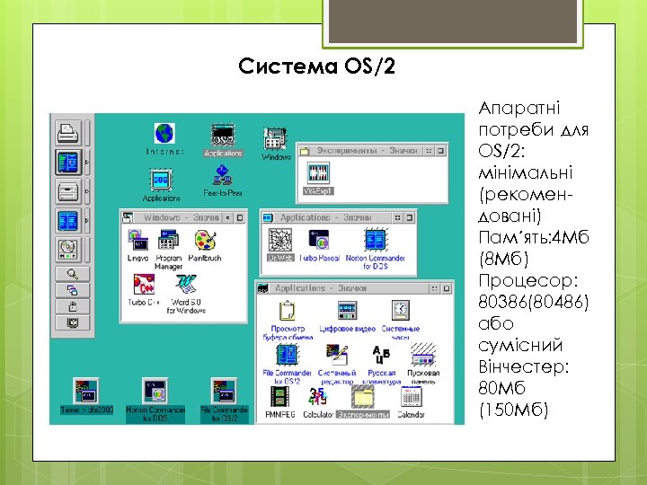 Система OS/2 Апаратні потреби для OS/2: мінімальні (рекомендовані) Пам´ять: 4 Мб (8 Мб) Процесор: