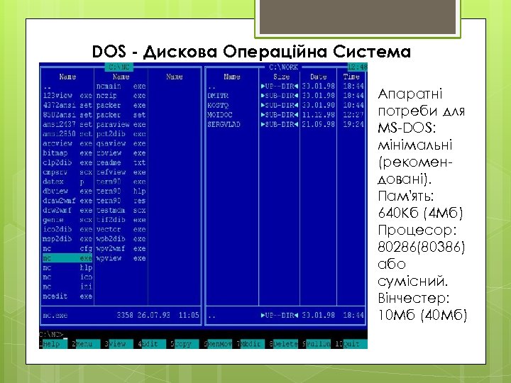 DOS - Дискова Операційна Система Апаратні потреби для MS-DOS: мінімальні (рекомендовані). Пам'ять: 640 Кб