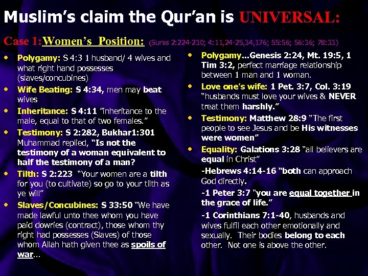 Muslim’s claim the Qur’an is UNIVERSAL: Case 1: Women’s Position: (Suras 2: 224 -230;