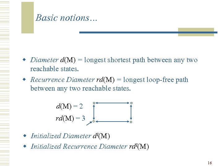 Basic notions… w Diameter d(M) = longest shortest path between any two reachable states.