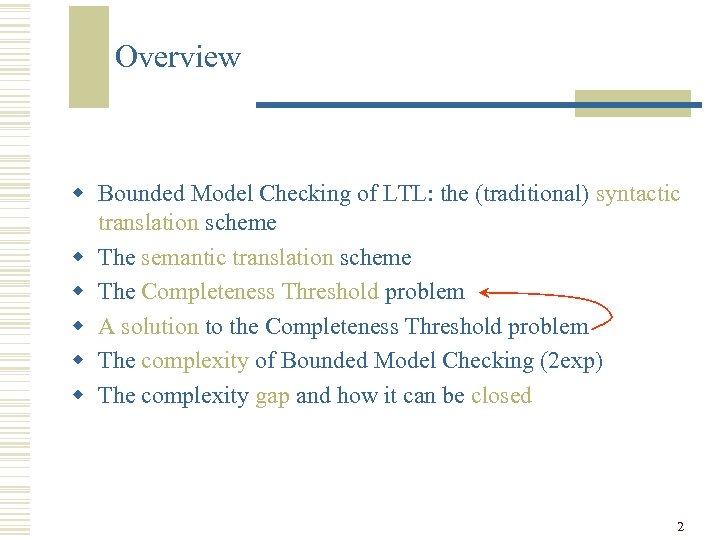 Overview w Bounded Model Checking of LTL: the (traditional) syntactic translation scheme w The