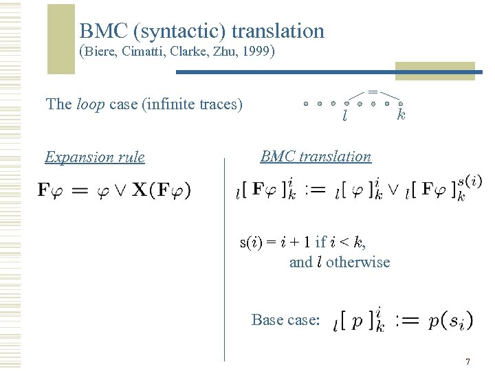 BMC (syntactic) translation (Biere, Cimatti, Clarke, Zhu, 1999) = The loop case (infinite traces)