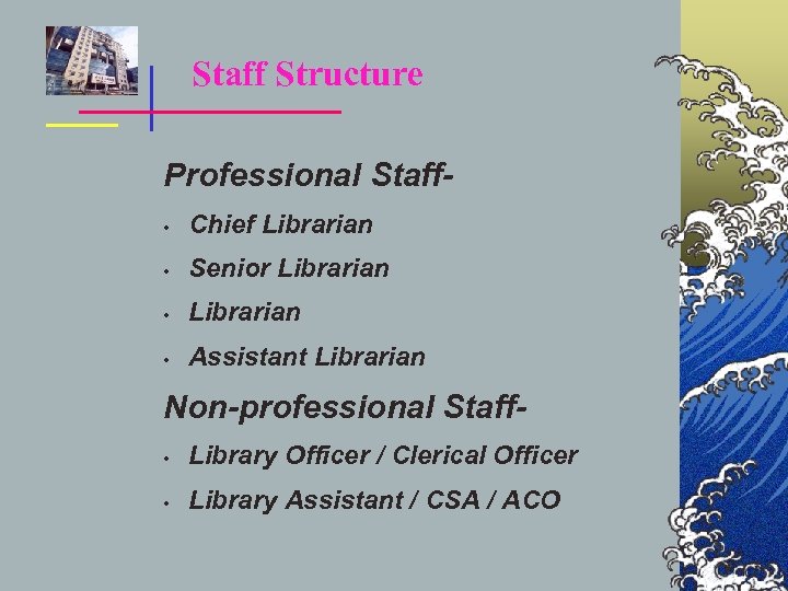 Staff Structure Professional Staff • Chief Librarian • Senior Librarian • Assistant Librarian Non-professional