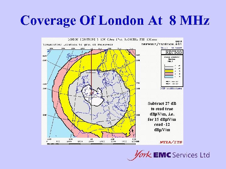 Coverage Of London At 8 MHz Subtract 27 d. B to read true d.
