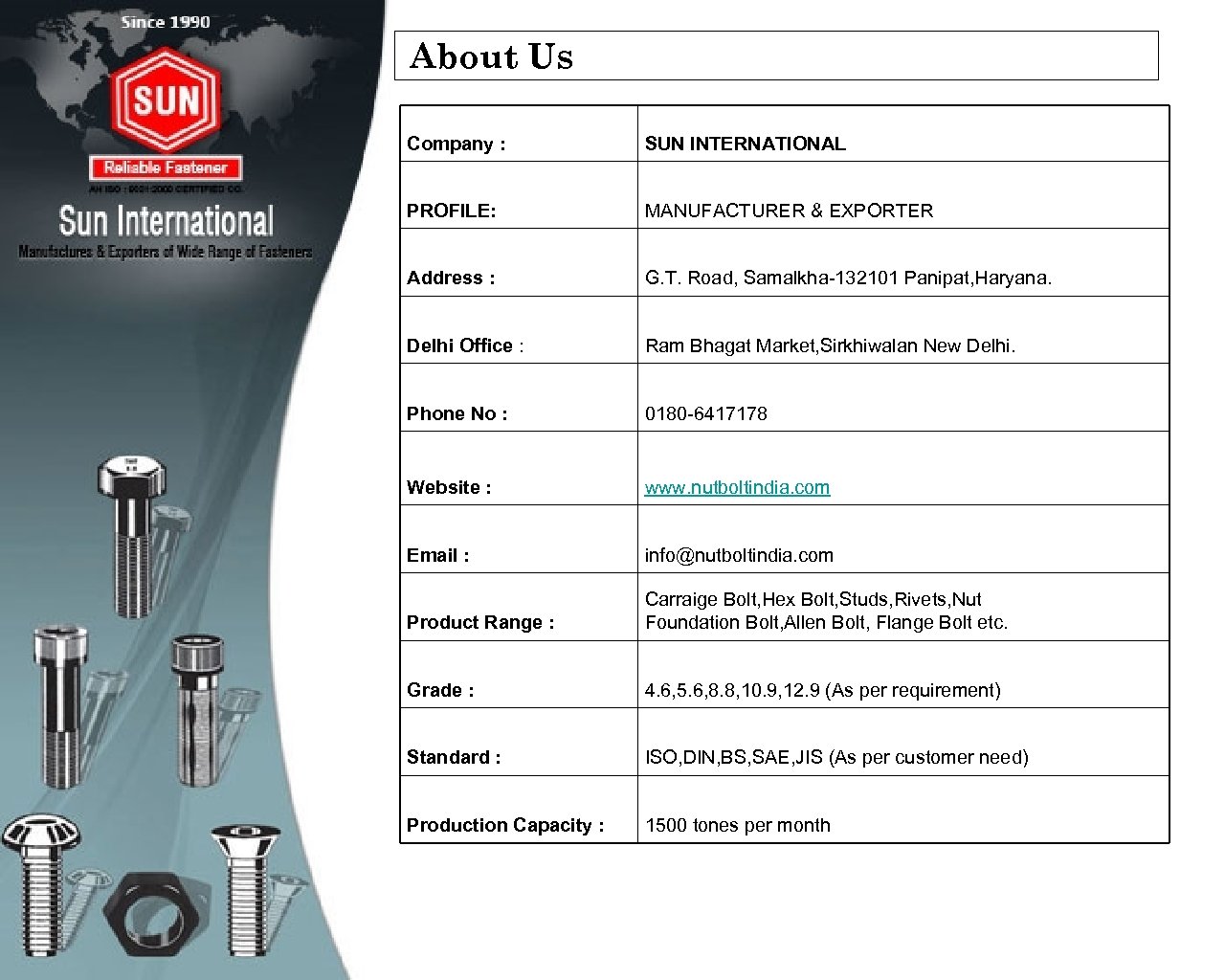About Us Company : SUN INTERNATIONAL PROFILE: MANUFACTURER & EXPORTER Address : G. T.