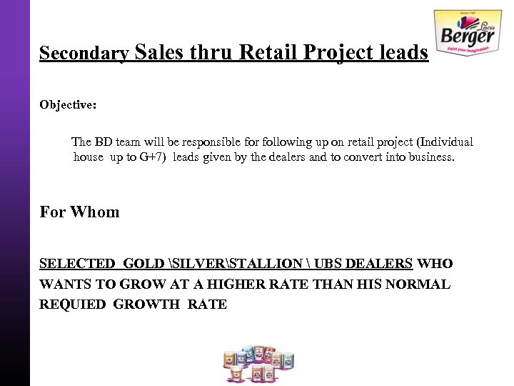 Secondary Sales thru Retail Project leads Objective: The BD team will be responsible for