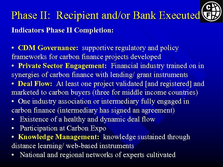 Phase II: Recipient and/or Bank Executed Indicators Phase II Completion: • CDM Governance: supportive