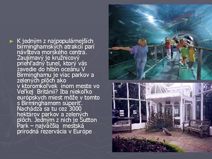 ► K jedným z najpopulárnejších birminghamských atrakcií parí návšteva morského centra. Zaujímavý je kružnicový