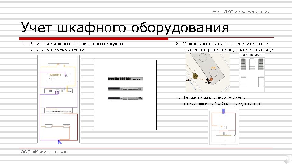Учет ЛКС и оборудования Учет шкафного оборудования 1. В системе можно построить логическую и