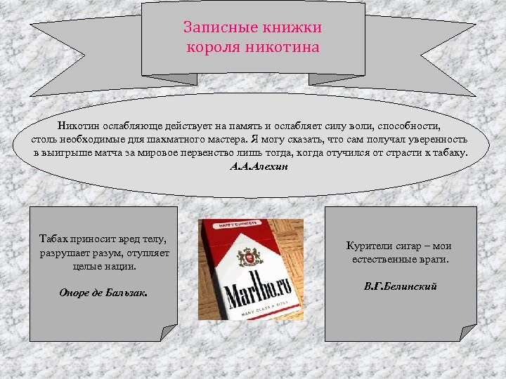 Записные книжки короля никотина Никотин ослабляюще действует на память и ослабляет силу воли, способности,