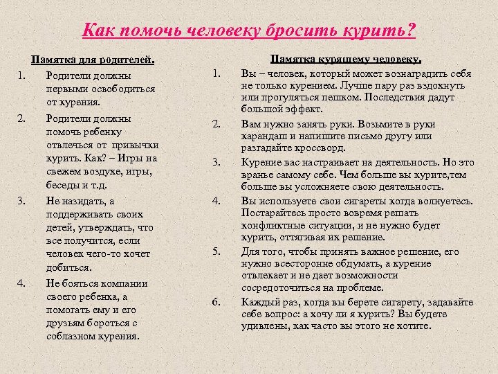 Как помочь человеку бросить курить? 1. 2. 3. 4. Памятка для родителей. Родители должны