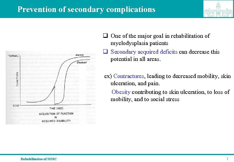 Prevention of secondary complications q One of the major goal in rehabilitation of myelodysplasia