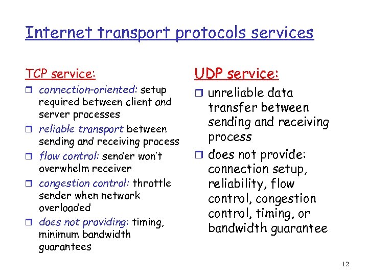 Internet transport protocols services TCP service: r connection-oriented: setup r r required between client