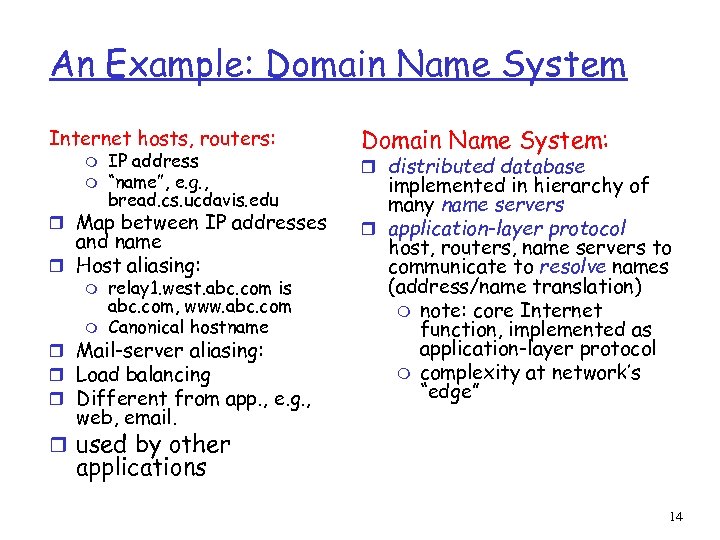 An Example: Domain Name System Internet hosts, routers: m m IP address “name”, e.