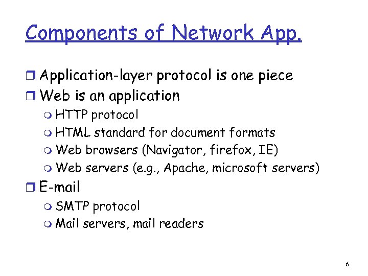 Components of Network App. r Application-layer protocol is one piece r Web is an