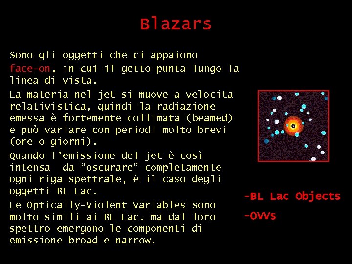 Blazars Sono gli oggetti che ci appaiono face-on, in cui il getto punta lungo