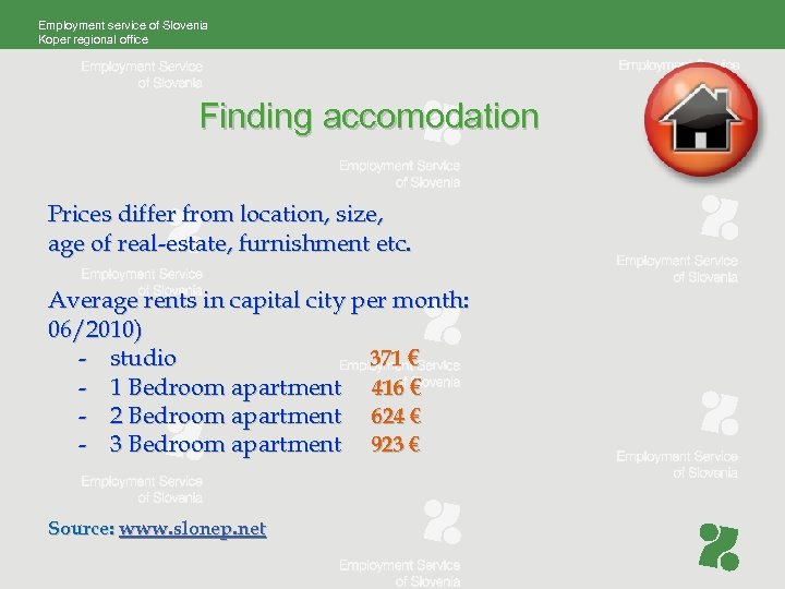 Employment service of Slovenia Koper regional office Finding accomodation Prices differ from location, size,