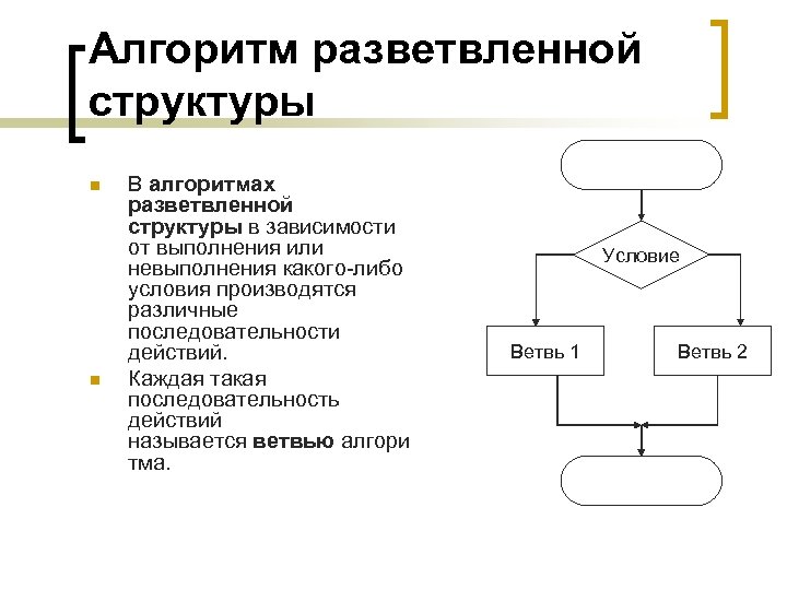 Алгоритм разветвленной структуры n n В алгоритмах разветвленной структуры в зависимости от выполнения или