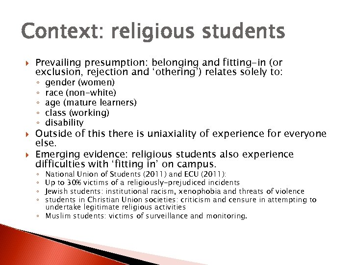 Context: religious students Prevailing presumption: belonging and fitting-in (or exclusion, rejection and ‘othering’) relates