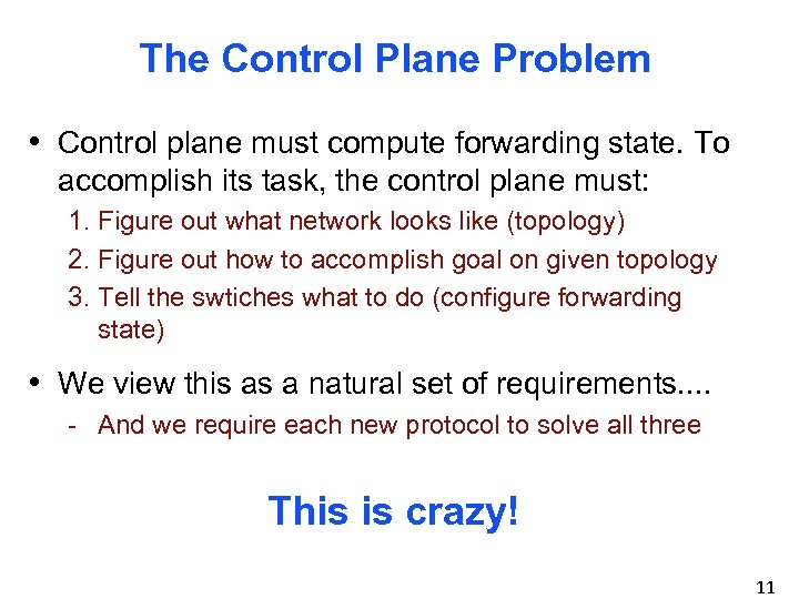 The Control Plane Problem • Control plane must compute forwarding state. To accomplish its