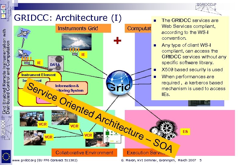 GRIDCC: Architecture (I) Instruments Grid IE IE DATA Instrument Element Instrument Manager Ser vice