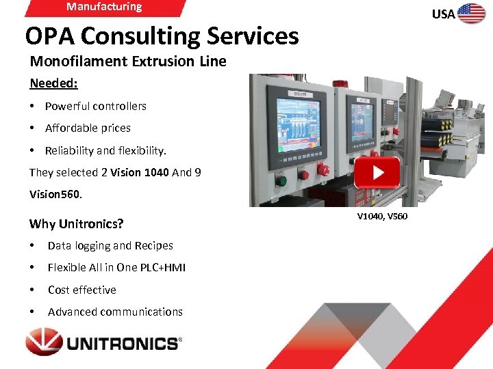 Manufacturing USA OPA Consulting Services Monofilament Extrusion Line Needed: • Powerful controllers • Affordable