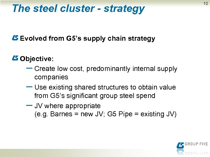 The steel cluster - strategy Evolved from G 5’s supply chain strategy Objective: ─