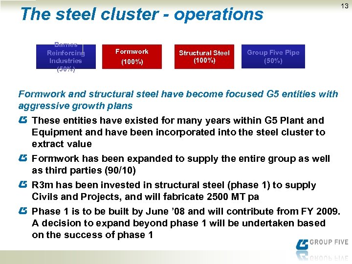 The steel cluster - operations Barnes Reinforcing Industries (50%) Formwork (100%) Structural Steel (100%)