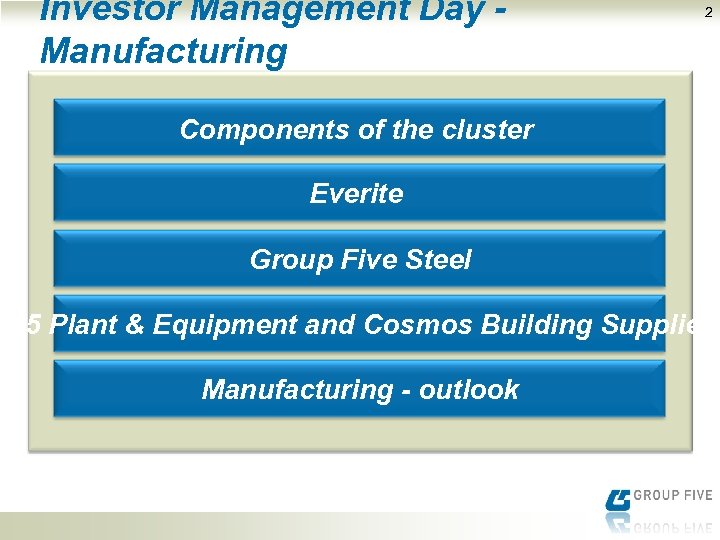 Investor Management Day Manufacturing 2 Components of the cluster Everite Group Five Steel G