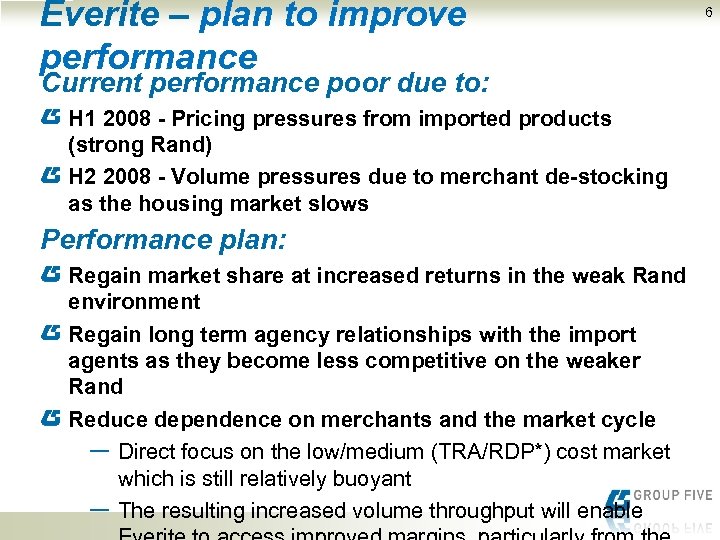 Everite – plan to improve performance Current performance poor due to: H 1 2008