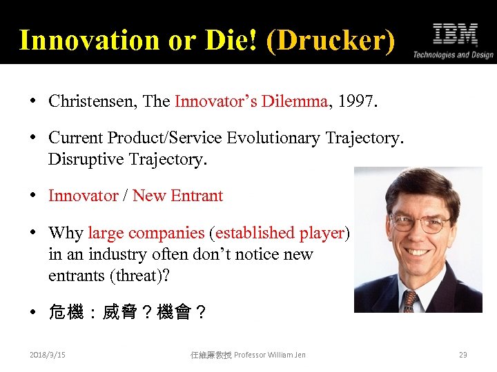 Innovation or Die! (Drucker) • Christensen, The Innovator’s Dilemma, 1997. • Current Product/Service Evolutionary